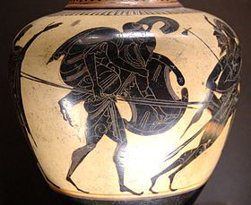 Vaso greco raffigurante Enea che fugge da Troia con il padre Anchise in spalla.
